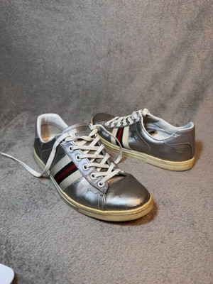 Gucci Damen Sneaker Low Top Schnürung Silber/Weiß Webstreifen Freizeit 36