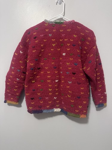 Amano Wool Cardigan Sweater Womens Red Geometric BOHO Bolivia Hand Knit - Picture 7 of 12