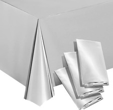 3 Pack Plastic Table Cloths - Metallic Silver Plastic Tablecloth for Birthday