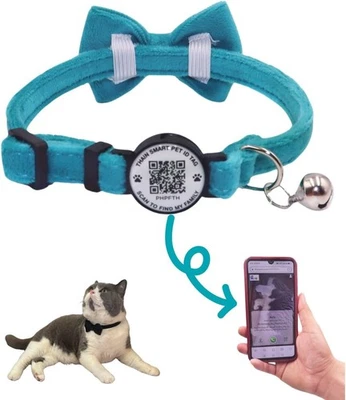 Cat Collar with Bell and Bowtie Breakaway QR Code Name Smart ID tag - Image 1 of 4
