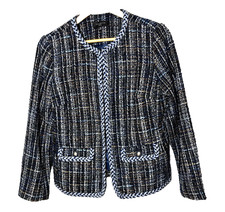 Talbots Petites Blue Textured Tweed Collarless Open Front Blazer Workwear 10P