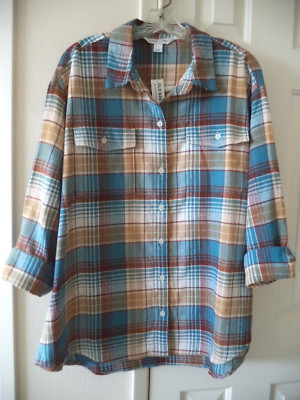 Teal Blue Tan Brown Plaid Pocket Buttondown Tunic Flannel Shirt 3X 2XL 2X XXL