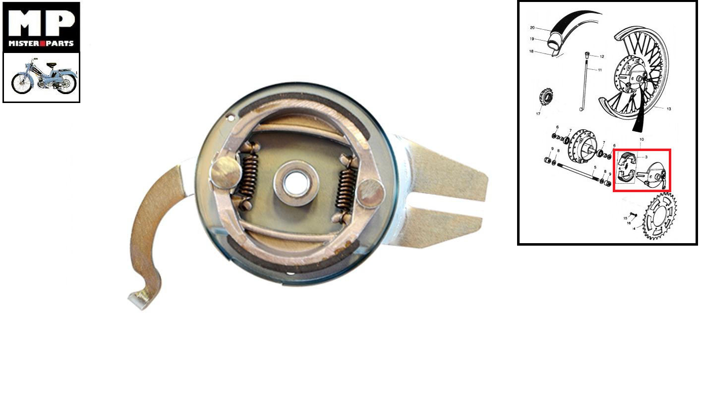Flasque de frein arrière Ø80 avec mâchoires pour mobylette MBK 51 type LELEU