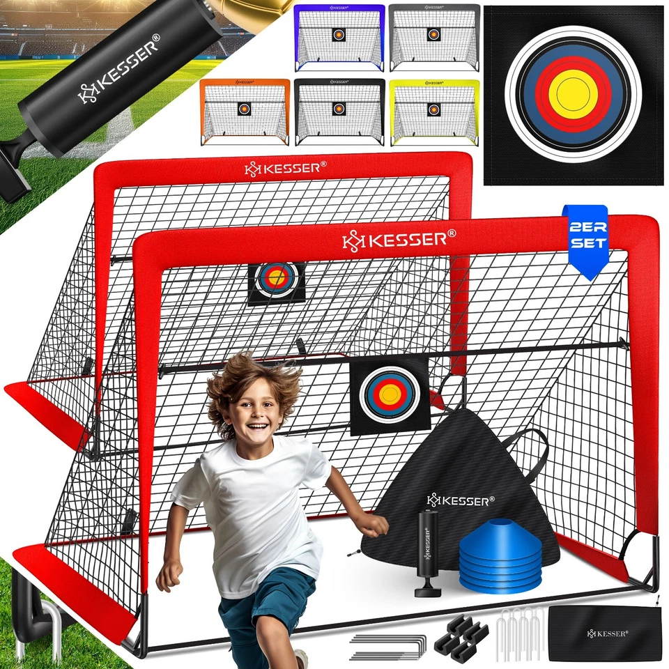 KESSER® 2x Fußballtore Pop-Up Kinder Fußball Tor Set mit 6x Hütchen Pumpe Tasche