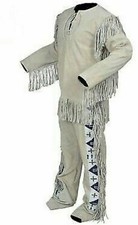 Native American Western Suede Leather Suit Fringe  Beads Work War Shirt  Pants