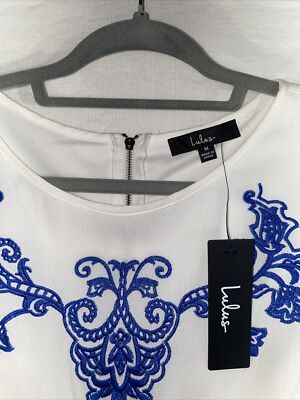 tale to tell blue and ivory embroidered shift dress Lulus l Tale to Tell Blue white zippered Embroidered Shift Dress Medium nice
