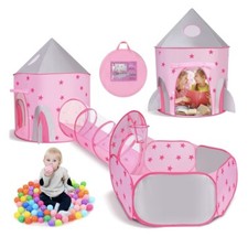 Kids Play Tent, 3 in 1 Play Tents Tunnel Set with Ball Pit Storage Bag Pink star