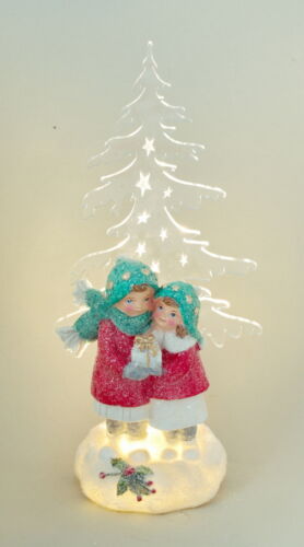 Deko Winterkinder Paar Acryl Tanne LED + Timer Kind Junge Mädchen Skulptur Figur - Bild 1 von 2