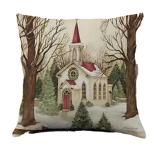 CHRISTMAS CHURCH Christmas Linen Throw Pillow Cover 18x18 Winter Holiday Decor