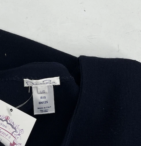 Vestido Suéter Oscar De La Renta R15 Azul Marino Lana con Bordado Floral Blanco Talla L Foto 4 de 4