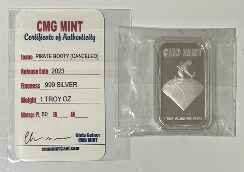 Barra de arte cancelada botín pirata Naughty CMG como nuevo 1 Troy OZ plata .999 con certificado de autenticidad - Imagen 5 de 9