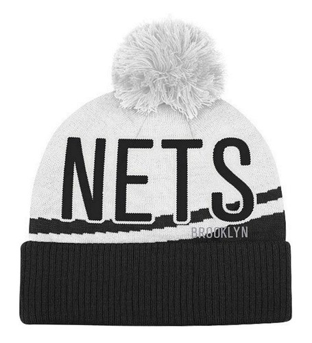 brooklyn nets black on white large size knit beanie cap hat by