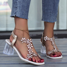 Womens Butterfly Clear Chunky Heel Clear Strap Slingback Sandals Summer Hot