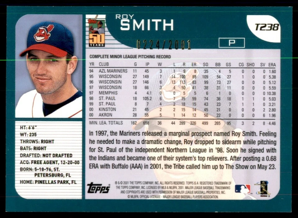 2001 Topps Traded & Rookies Gold Roy Smith Rookie /2001 Cleveland Indians #T238 - Image 2 of 2