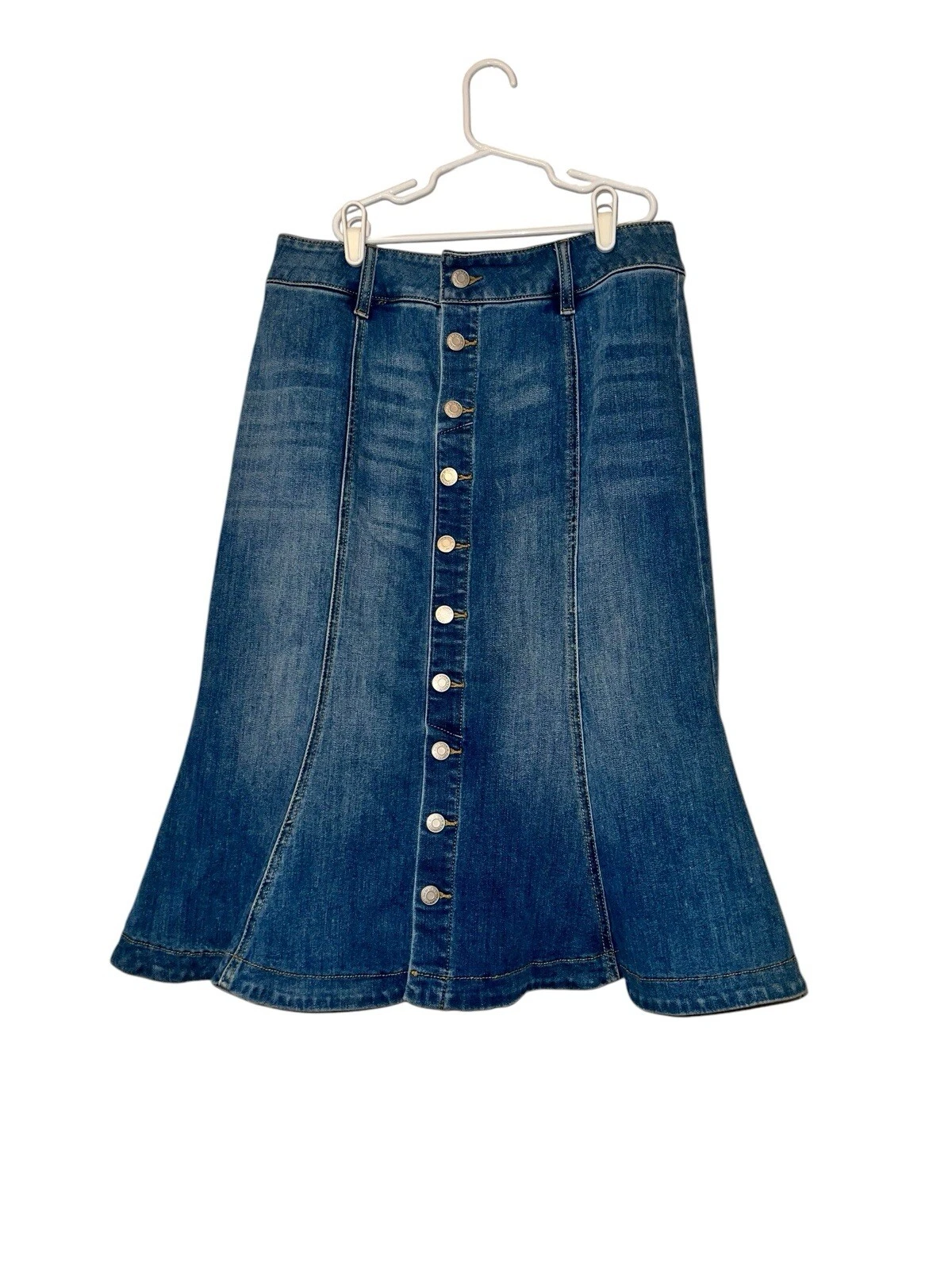 New York & Company Women’s Modest Panel Blue Denim Midi Skirt Sz 10 Button Down