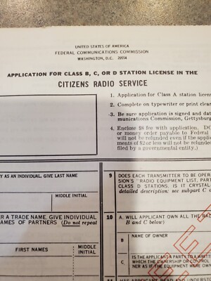 Vtg 1965 FCC Form 505 Citizen Radio CB Class B,C,D Original License Application 