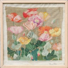 Poppies vintage framed needlepoint embroidery tapestry original handmade artwork
