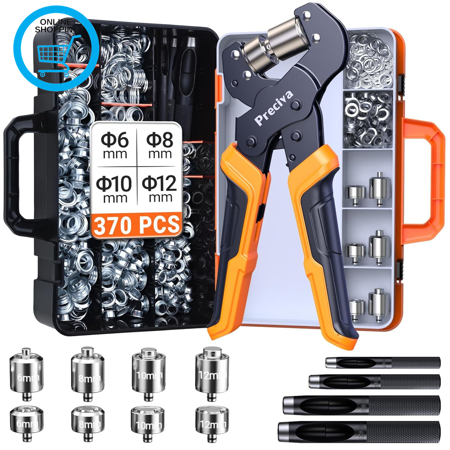 Eyelet Punch Kit with 370Pcs Eyelets, 4 Quick-Change Eyelet Dies & 4 Hole Punche