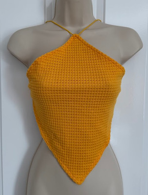 SHEIN Senfgelb Waffel Strick Neckholder Bandana Taschentuch Crop Top XS 2 34