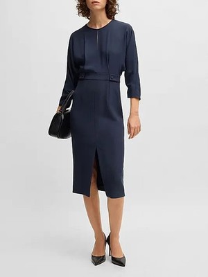 Boss Hugo Boss Blue Mixed-Material Dress with Button-Tab Waist Size 2 $549