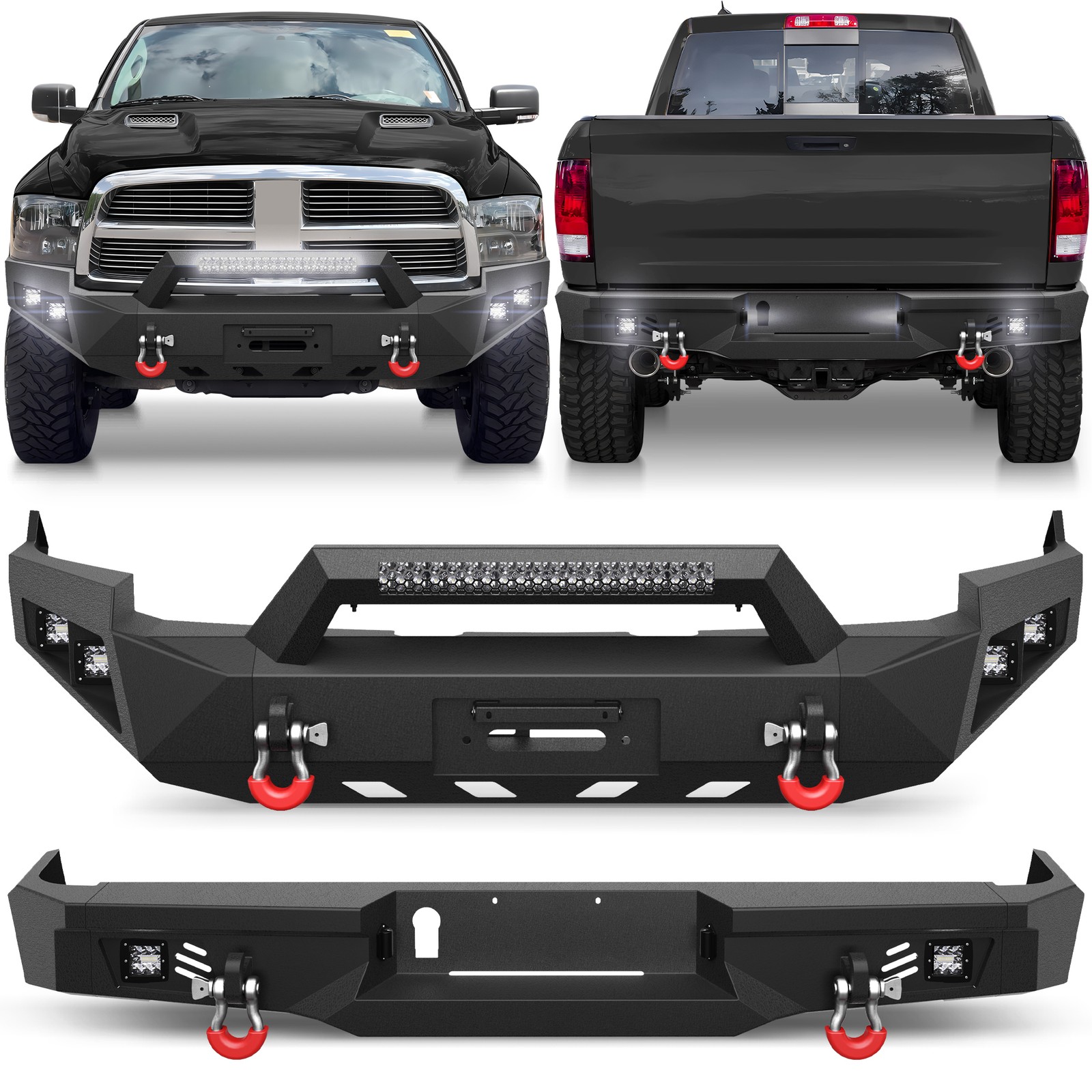 Front & Rear Bumper Set For 2009-2012 Dodge Ram 1500 w/ Winch Plate & LED Lights