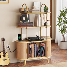 Tall Record Player Stand with Charging Station, 3 Tier Arched Shelf  Vinyl Reco