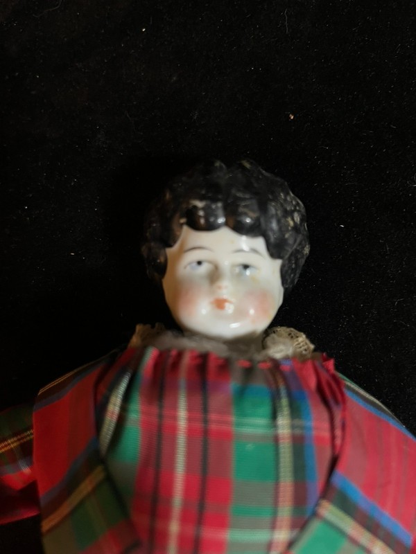 Antique China Head Doll - 12" - Leather Hands - Suede Boots - Cloth Body