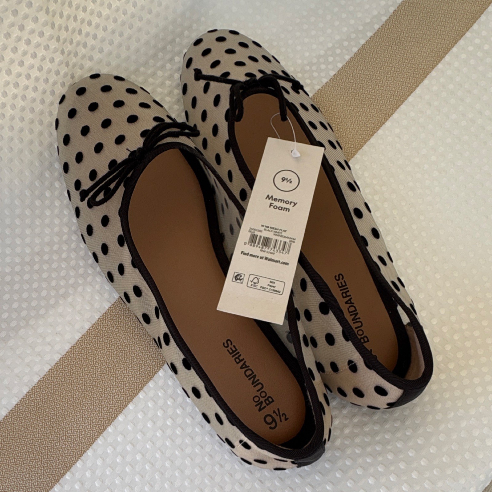 Flats Bow Memory Foam White Black Women's 9.5-image
