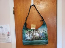 Anuschka Hand painted Leather Wolf Bag