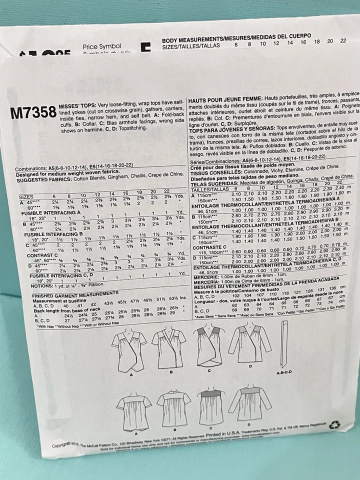 Camisa envolvente McCalls M7358 E5 calce suelto tallas 14-22 sin cortar varias vistas Laura Ashley Foto 2 de 3