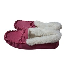 Talbots Ruby Suede Slippers Moccasins Women's 7 Pink Leather Bow Comfy Faux Fur