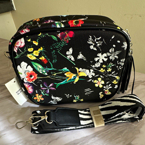 Black Floral Pebbled Faux Leather Crossbody Bag Detachable Adjustable Strap