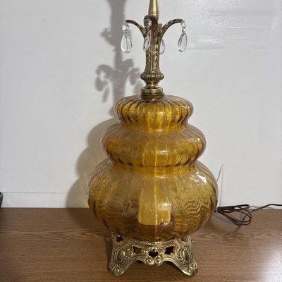 VTG EF. & EF. MCM Hollywood Regency Optical Amber Glass & Brass 3 Way Table Lamp