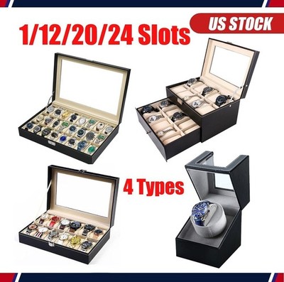 12/24/20 Slots PU Leather Wrist Watch Display Box Storage Holder Organizer Case~
