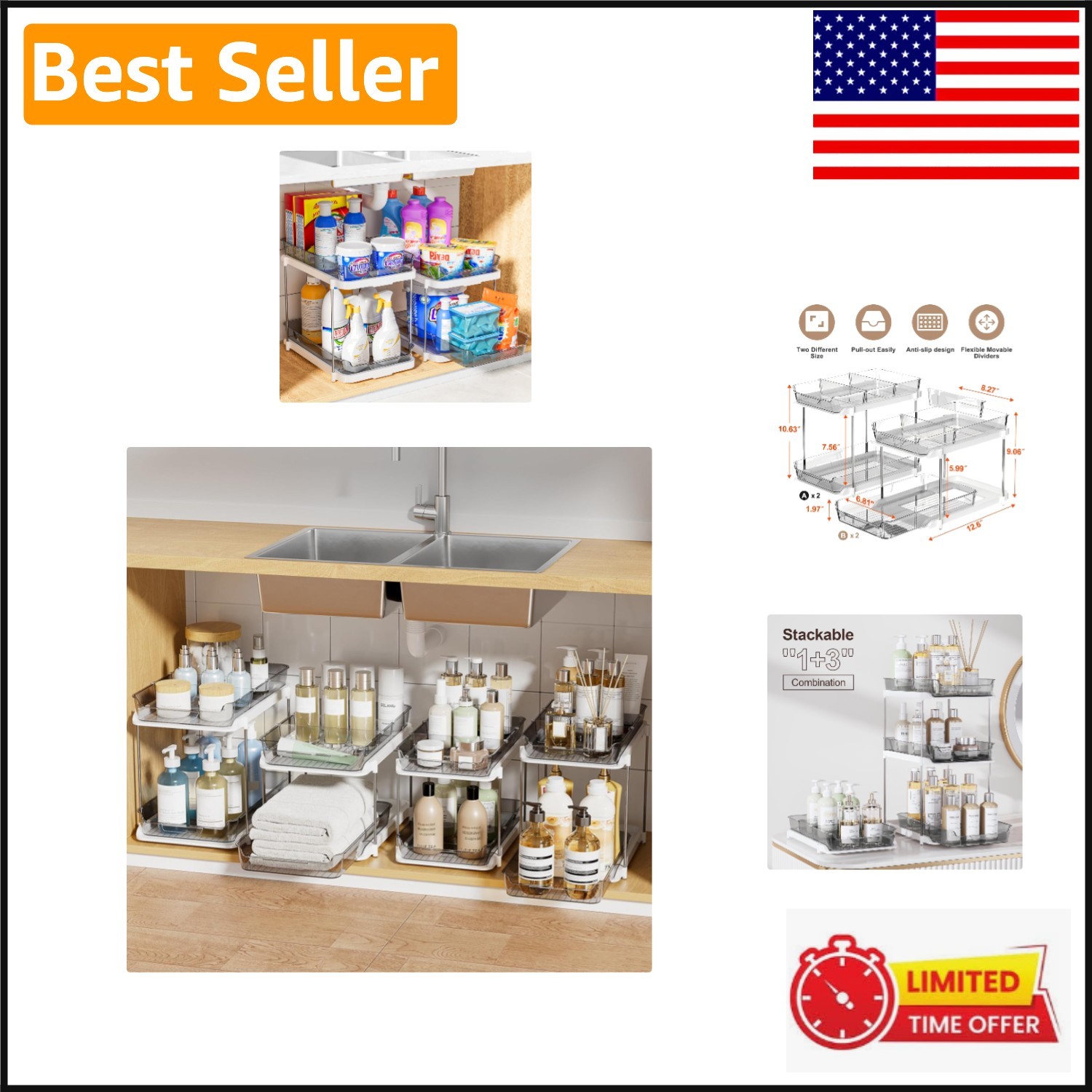 Versatile Under Sink Organizers - 2-Tier Grey Storage Set, 4 Units Included