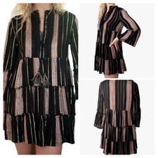 Turks & Caicos Women's M Black Bell Sleeve Metallic Stripped Boho Flowy Dress