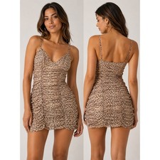 Urban Outfitters Ruched Cheetah Print Mini Dress S Brown Bodycon Spaghetti Strap