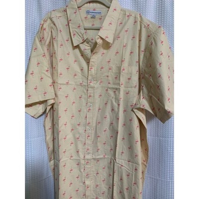 Real Essentials Mens 4XT Yellow Pink Flamingo Print Cotton Button Down Shirt