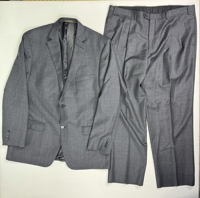 Tasso Elba Wool Cashmere Grey Blue Plaid 2 Piece Suit  46L 40x30.5 Career Modern