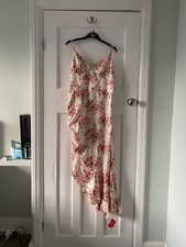 Cider Satin Floral V-Neck Ruffle Hem Midi Dress in Pink Floral (Women’s Size XL)