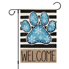 Winter Welcome Garden Flag Dog Paw Print 12x18 Inch Small Burlap Double Sided...