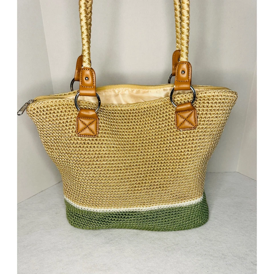 Croft & Barrow Woven Tote Bag, Shoulder Bag, Zip Pocket, Green Beige BNWT - Image 4 of 4