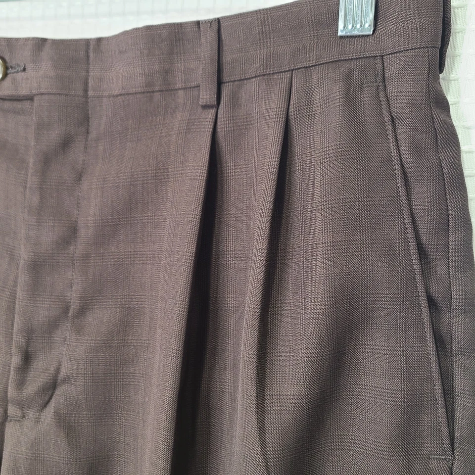 Pantalones de vestir Claiborne para hombre 36x32 marrón poliéster a cuadros dobladillo con puños Foto 4 de 4