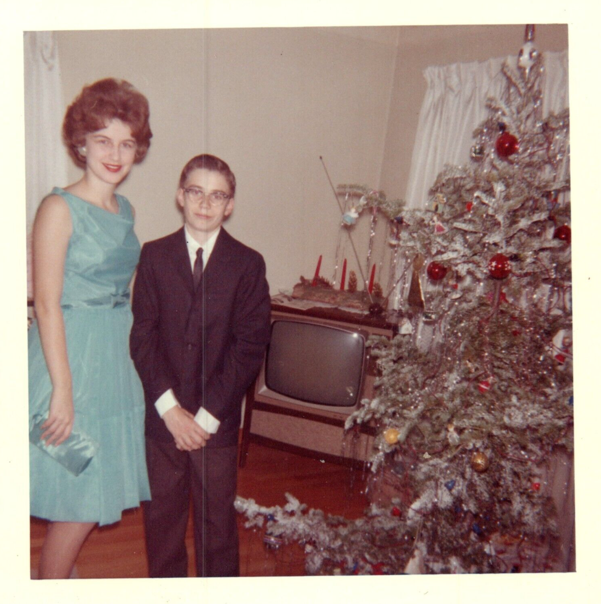 1960s Christmas Tree Old TV Boy in Suit Woman Blue Dress Vintage Photo