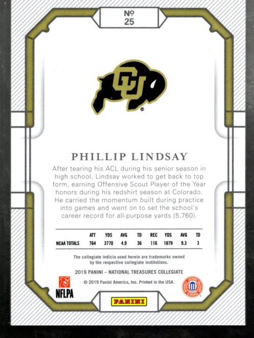B4403- 2019 Panini National Treasures Collegiate #25 Phillip Lindsay /99 - NM-MT - Image 2 of 2