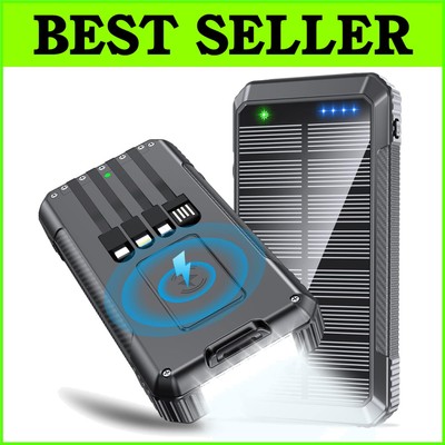 Portable Waterproof Solar Power Bank 22.5W Fast Charge with 4 Cables & LED Light