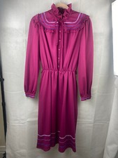 Vintage Fuchsia Dress UK 12-14 Tie Neck Long Sleeve