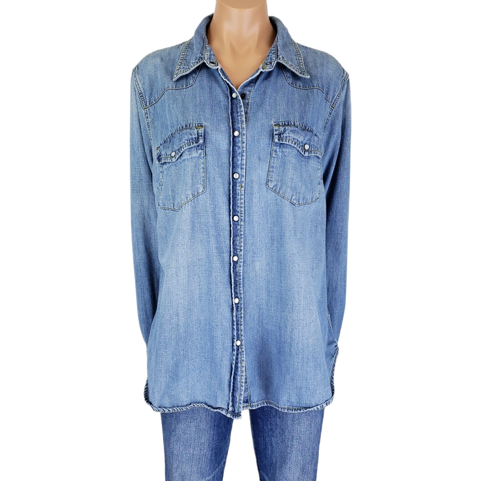 Womens XXL Top Denim Chambray Shirt Plus Size 2XL Blue Long Sleeve Pearl  Snap | eBay