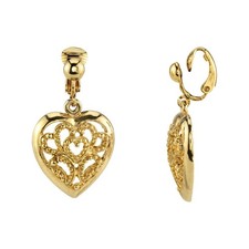 1928 Jewelry Filigree Heart Clip-On Earrings Gold Non-Piercing USA