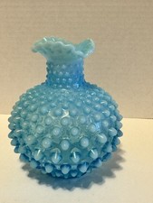 Vintage Fenton Hobnail Blue Opalescent Vase Round Ruffled Rim